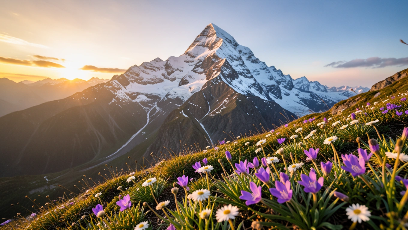Panorama montagne alpine au coucher de soleil